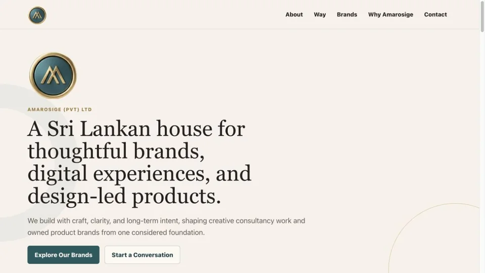 The Amarosige website home page introducing the parent company.
