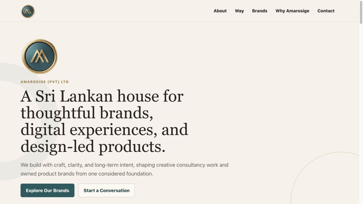 The Amarosige website home page, introducing the parent company and its brands.