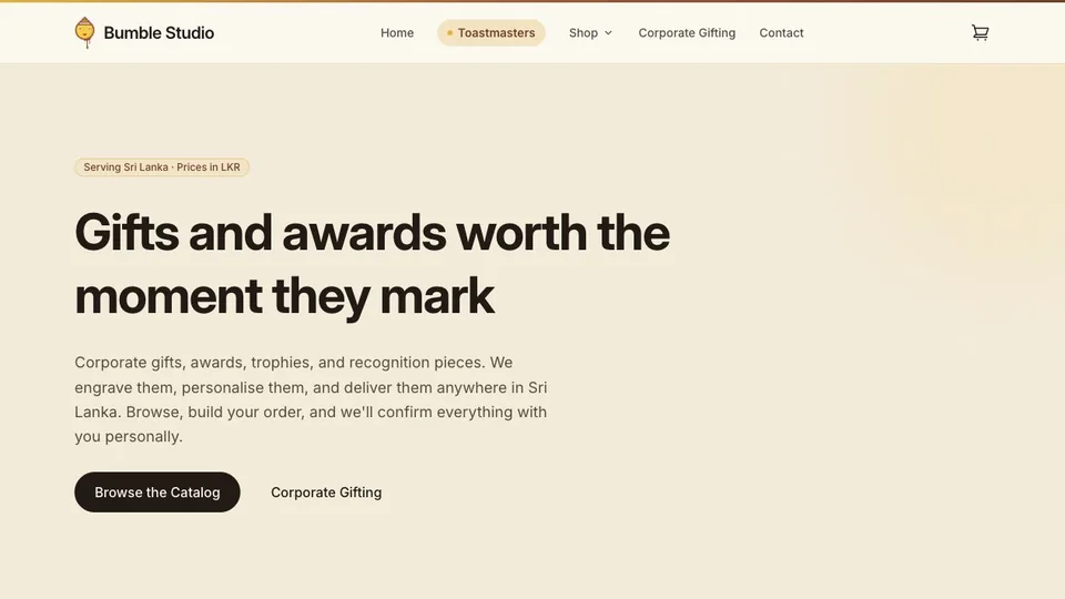 The Bumble Studio website home page for a custom gifts and awards business.