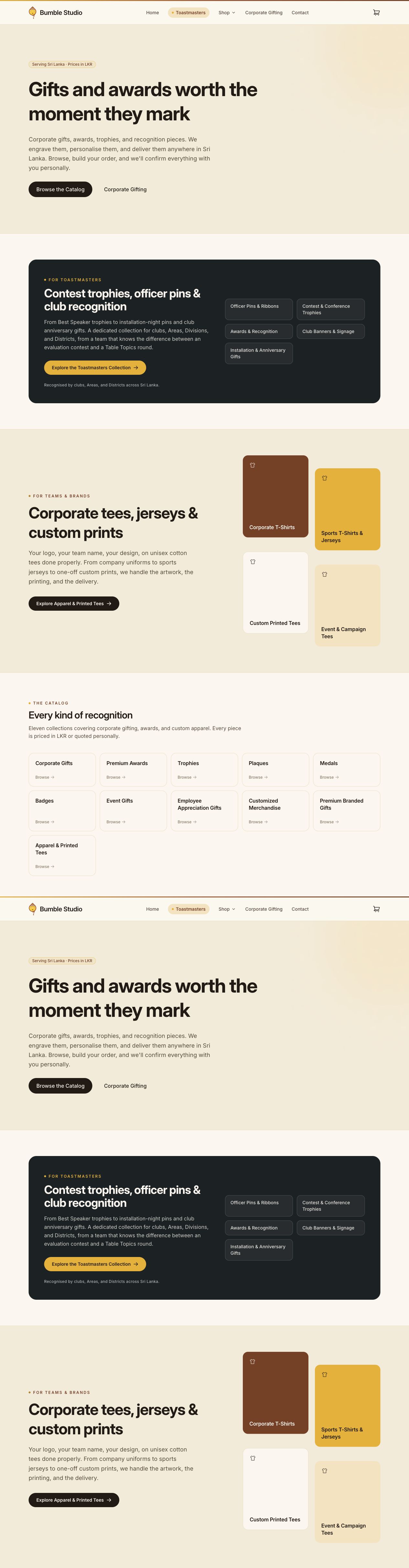 The Bumble Studio website home page for a custom gifts and awards business.